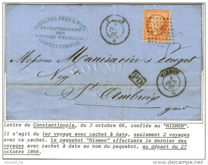 Ancre / N° 23 Càd NIEMEN / * 3 OCT. 66 Sur Lettre De Constantinople Pour St Ambroix. - TB / SUP. - R. - Maritieme Post