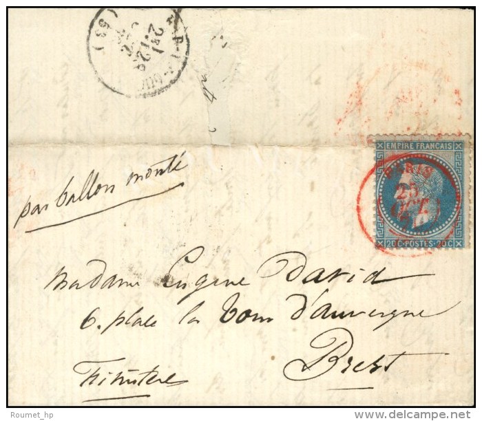 Càd Rouge PARIS (SC) 25 OCT. 70 / N° 29 Sur Lettre Pour Brest (Finistère). Au Verso, Càd... - Oorlog 1870