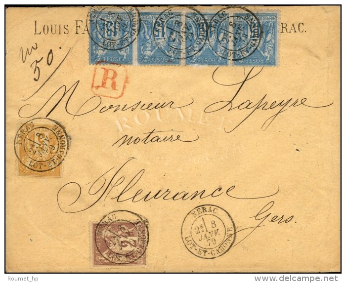 Càd T 18 NERAC / LOT ET GARONNE / N° 85 + N° 86 + N° 90 Bande De 4 Sur Lettre Recommandée... - 1876-1878 Sage (Type I)