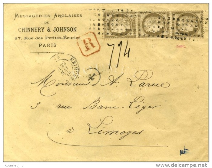 Rouleau De Gros Points / N° 56 Bande De 3 Càd PARIS / RUE D'ENGHIEN Sur Lettre Recommandée. 1865.... - 1871-1875 Cérès