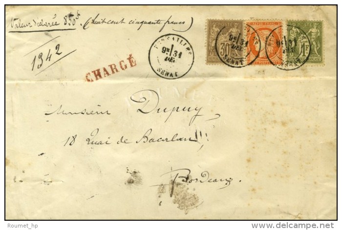 Càd VERSAILLES / SENAT / N° 38 + 69 + 72 Sur Lettre Chargée, Au Verso Descriptif Rouge. 1878. -... - 1870 Beleg Van Parijs