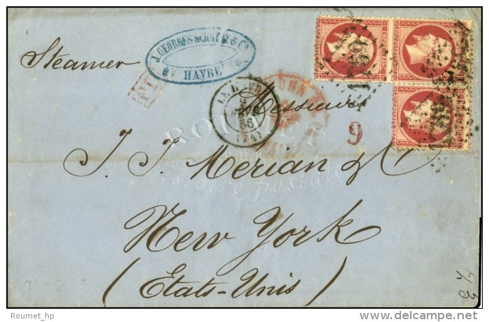 GC 1769 / N° 24 (3) Càd LE HAVRE (74) Sur Lettre 3 Ports Pour New York, Taxe Tampon 9 Rouge à... - 1862 Napoleon III