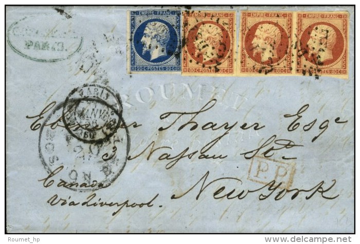 Losange DS2 / N° 14 (pd) + 17 (3) Càd (DS3) PARIS (DS3) 31 JANV. 56 Sur Lettre 2 Ports Pour New-York. -... - 1853-1860 Napoleon III