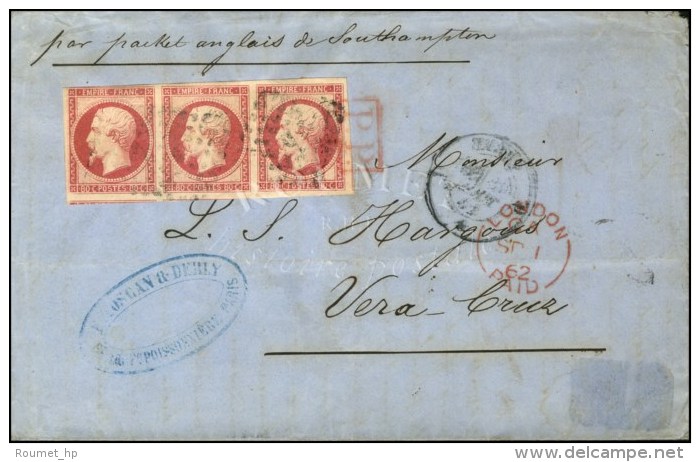 Losange D / N° 17 Bande De 3 Càd D PARIS D 30 AOUT 62 Sur Lettre 2 Ports Au Tarif Du 1er Avril 1857 Pour... - 1853-1860 Napoleon III