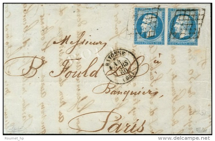 Grille / N° 14 Paire Càd T 15 BAYONNE (64) Sur Lettre 2 Ports Pour Paris. 1860. - TB / SUP. - R. - 1853-1860 Napoleon III