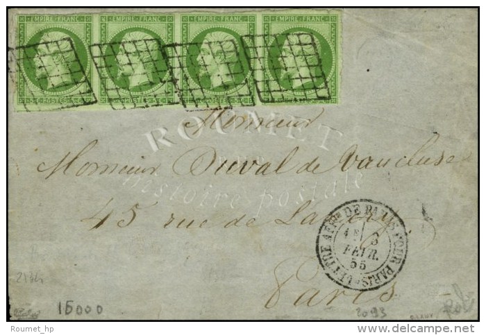 Grille / N° 12 Bande De 4 (2 Ex Pd) Càd LETTRE AFFie DE PARIS POUR PARIS 3 FEVR. 55 Sur Devant De Lettre... - 1853-1860 Napoleon III