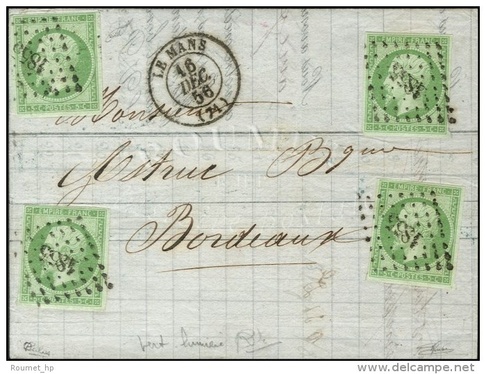 PC 1855 / N° 12 (4 Ex Aux 4 Coins Avec Très Rare Nuance Vert-lumière). Càd T 15 LE MANS... - 1853-1860 Napoleon III