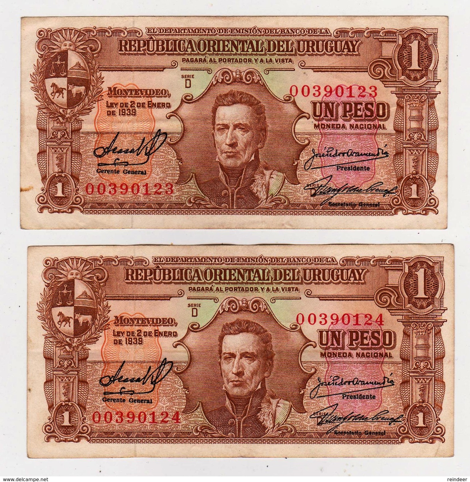 * URUGUAY: 1 Peso (1939-D) - 2 Billetes Correlativos VF - Uruguay