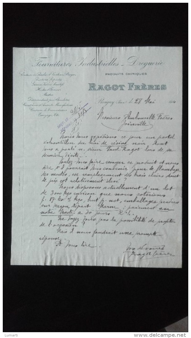 Facture Ou Lettre - Revigny (meuse) Fournitures Industrielles Droguerie Ragot Freres - 1910 - 1900 – 1949
