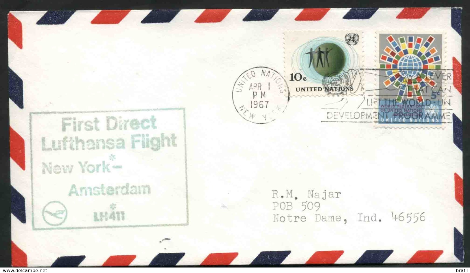 1967 Nazioni Unite New York, Primo Volo First Flight Lufthansa New York - Amsterdam , Timbro Di Arrivo - Luftpost