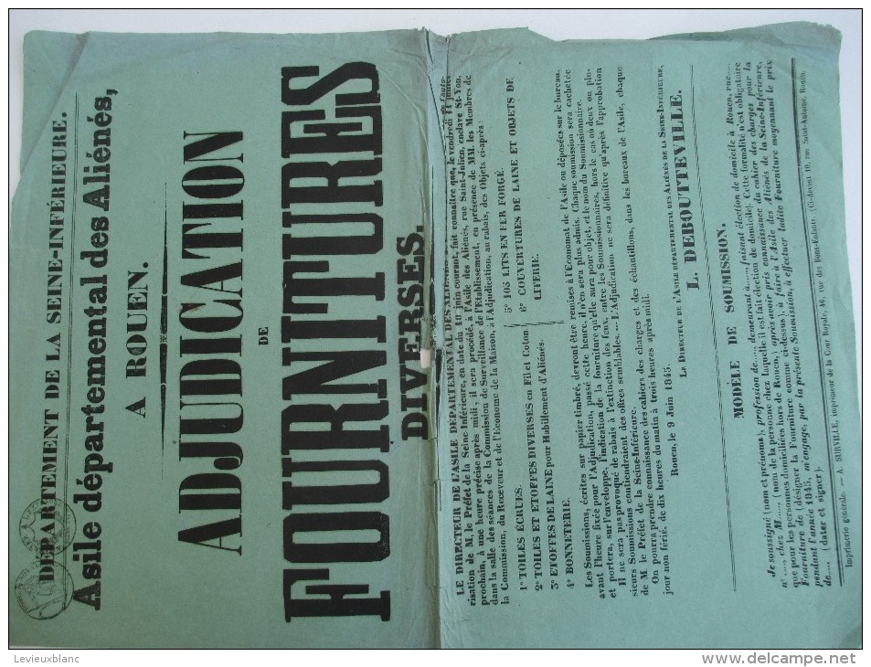 Asile Départemental Des Aliénés/Seine-Inférieure/Adjudication De Fournitures Diverses/Rouen/1845 AFF19 - Affiches