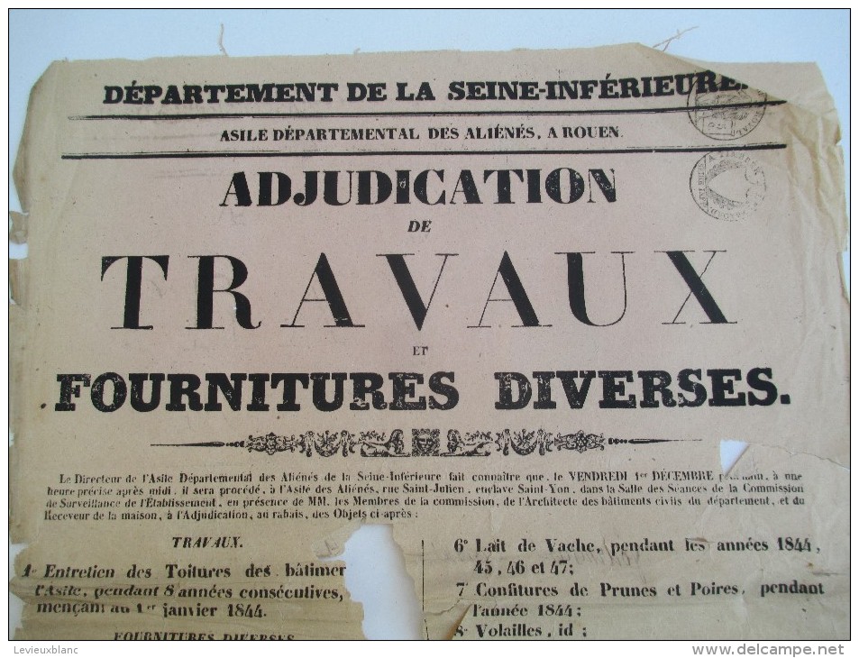 Asile Départemental Des Aliénés/Seine-Inférieure/Adjudication De Travaux/Rouen/1843  AFF22 - Affiches