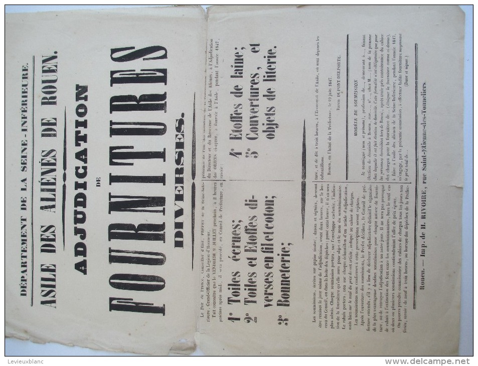 Asile Départemental Des Aliénés/Seine-Inférieure/Adjudication De Fournitures Diverses/Rouen/1847  AFF22 - Affiches