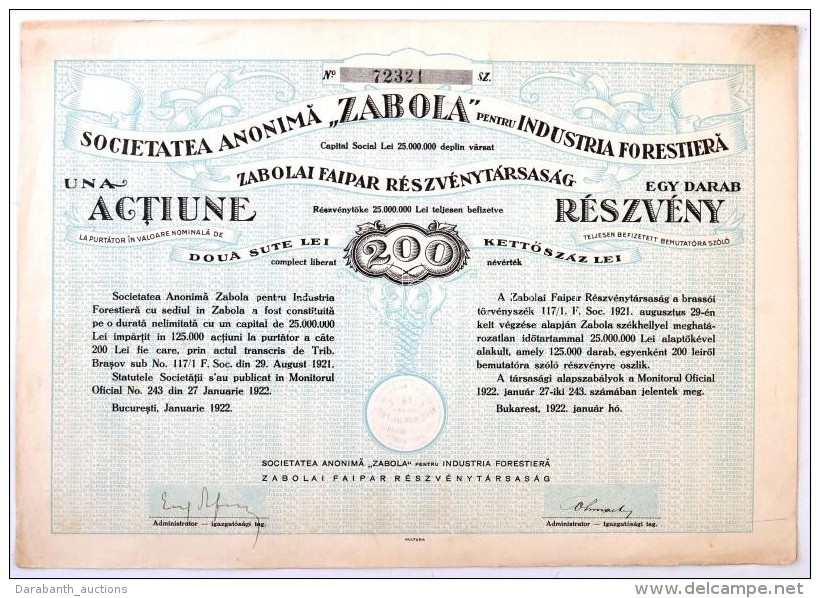 Románia / Bukarest 1922. 'Zabolai Faipar Részvénytársaság'... - Non Classés