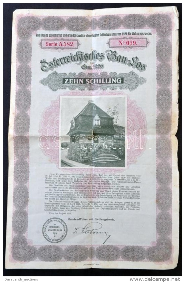 Ausztria / Bécs 1926. 'Österreichisches Bau-Los' 10Sch-rÅ‘l Szóló állami Sorsjegye... - Sin Clasificación