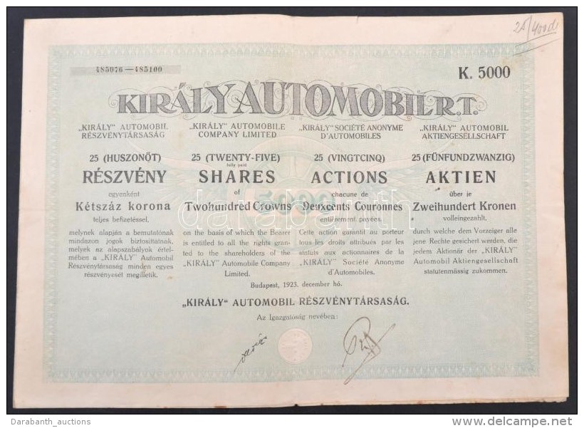 Budapest 1923. 'Király Automobil Részvénytársaság' 25 Részvénye... - Unclassified