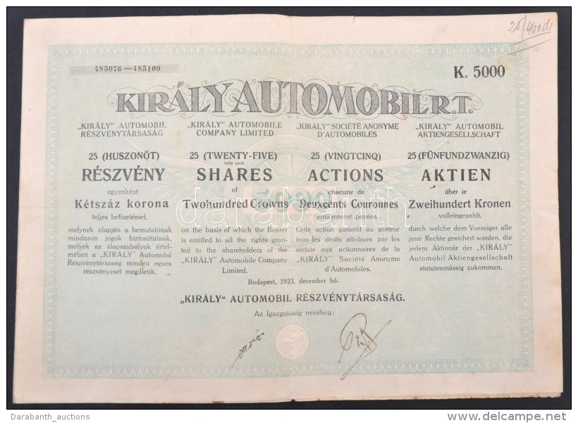 Budapest 1923. 'Király Automobil Részvénytársaság' 25 Részvénye... - Zonder Classificatie