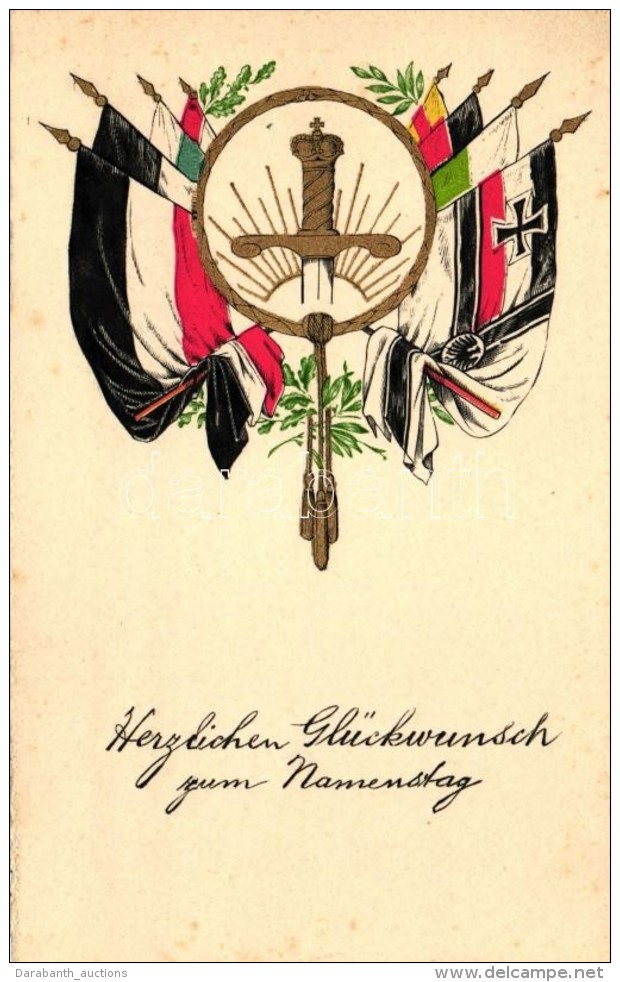 ** T1/T2 Namenstag / Name Day, Central Powers Military Propaganda, Flags; Etching Stlye Postcard - Ohne Zuordnung