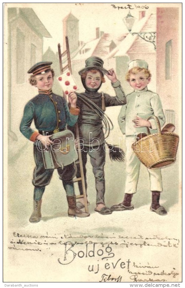 T2/T3 'Boldog Újévet!' / New Year, Postman, Chimney Sweeper, Baker, Emb., Litho (EK) - Sin Clasificación