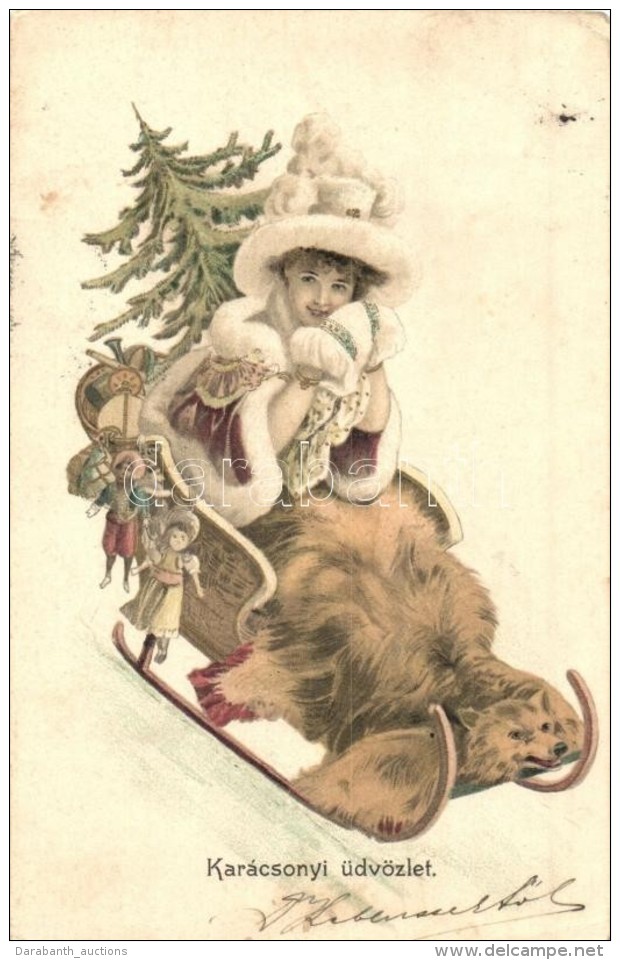 T2/T3 Karácsonyi üdvözlet / Christmas Greeting Card, Sledding Lady, Litho  (EK) - Non Classés