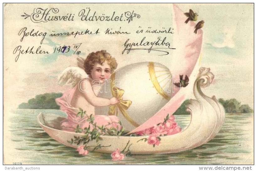 T2/T3 Húsvéti üdvözlet / Easter Greeting Card, Angel In Feather Boat, Litho  (EK) - Ohne Zuordnung