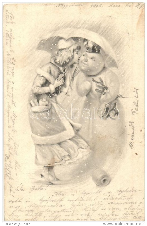T2/T3 Boldog Újévet! / New Year Greeting Card, Lady With Snowman (EK) - Ohne Zuordnung