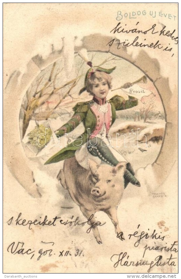 T2/T3 Boldog Újévet! / New Year Greeting Card, Pig Riding Lady, Litho S: HegedÅ±s-Geiger R. (EK) - Sin Clasificación