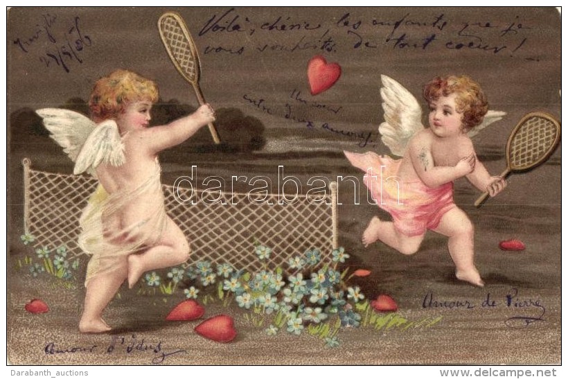 * T3 Angels Playing Tennis With A Heart, Embossed Litho Postcard (Rb) - Non Classés