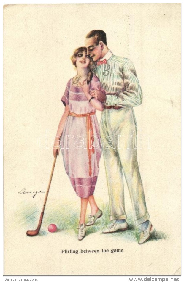 T2/T3 'Flirting Between The Game' Couple Playing Golf, Art Postcard, S: Linger (EK) - Unclassified