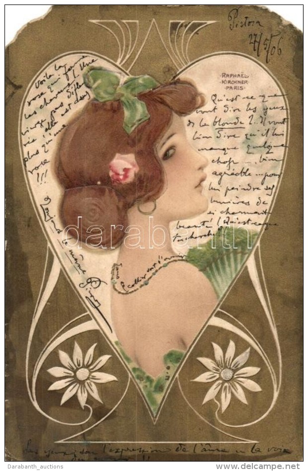 T4 Lady, Golden Decorated, Embossed, Art Nouveau Floral Litho Art Postcard S: Raphael Kirchner (EM) - Unclassified