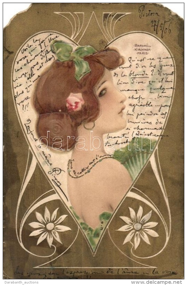T4 Lady, Golden Decorated, Embossed, Art Nouveau Floral Litho Art Postcard S: Raphael Kirchner (EM) - Ohne Zuordnung