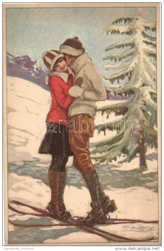 ** T1/T2 Italian Art Deco Postcard, Skiing Couple, 276-1 S: Mauzan - Unclassified