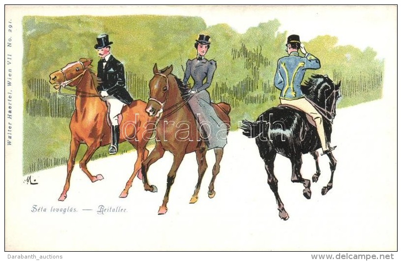 * T2 Sétalovaglás / Horse Riding, Romantic Art Postcard, Walter Haertel No. 291. Litho, Artist Signed - Unclassified