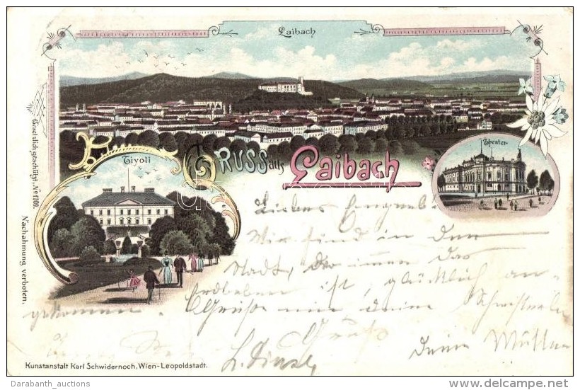 T3 1897 Ljubljana, Laibach; General View, Tivoli, Theater, Karl Schwidernoch Floral Litho, Art Nouveau (fa) - Unclassified