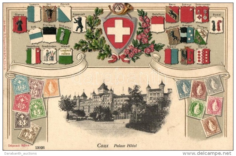 ** T4 Caux, Palace Hotel, Swiss Coat Of Arms And Stamps, Atelier K. Guggenheim &amp; Cie 16544. Emb. Litho... - Non Classés