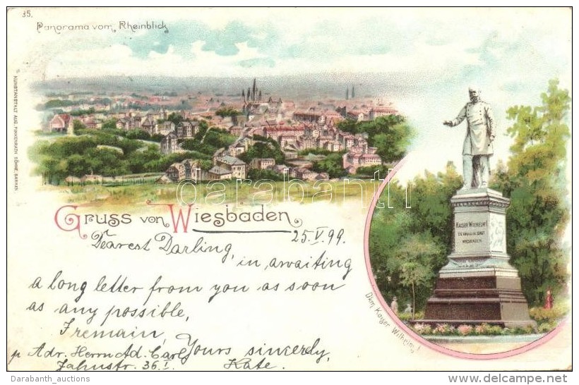 T2/T3 1899 Wiesbaden, Denkmal Kaiser Wilhelm I / Statue, Kunstanstalt Aug. Finkenrath Litho (EK) - Sin Clasificación