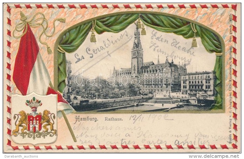 T2/T3 Hamburg, Rathaus; Verlag Von J. Junginger / Town Hall, Flag, Coat Of Arms Emb. Litho Frame - Sin Clasificación