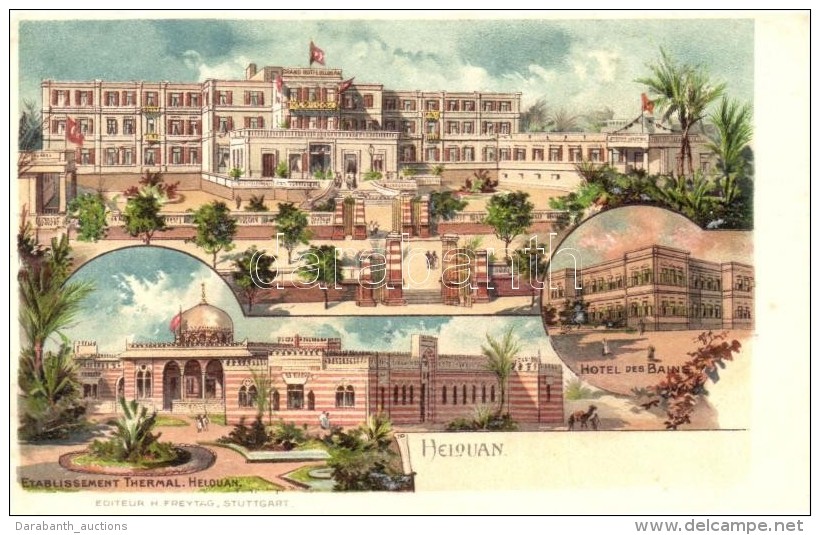 ** T2 Helwan, Helouan; Grand Hotel, Hotel Des Bains, Etablissement Thermal; Editeur H. Freytag, Litho - Non Classés