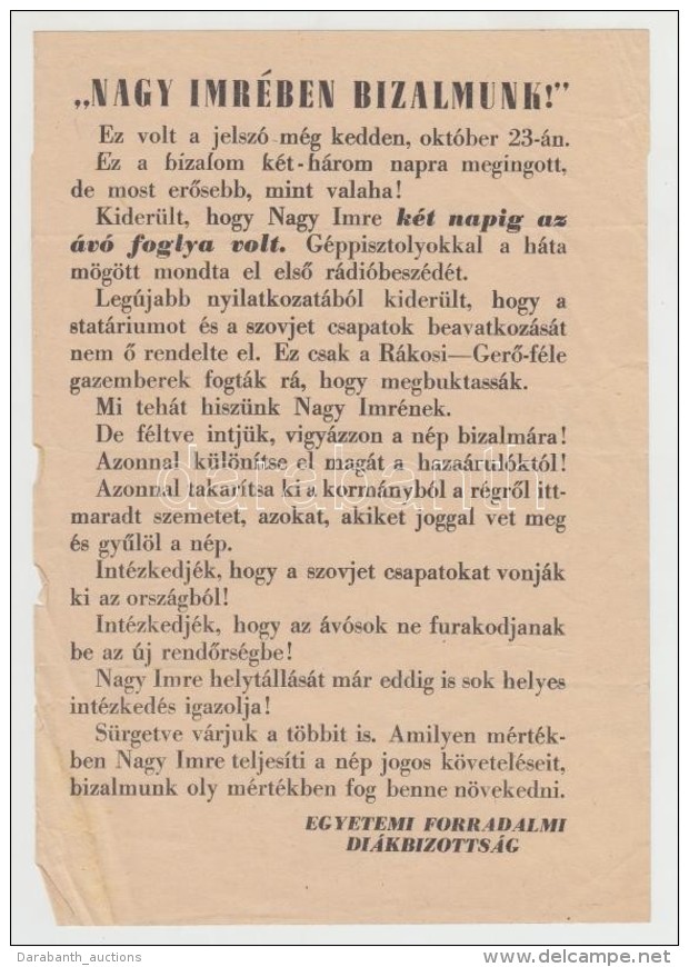 1956 'Nagy Imrében Bizodalmunk!', Forradalmi Röplap - Non Classés