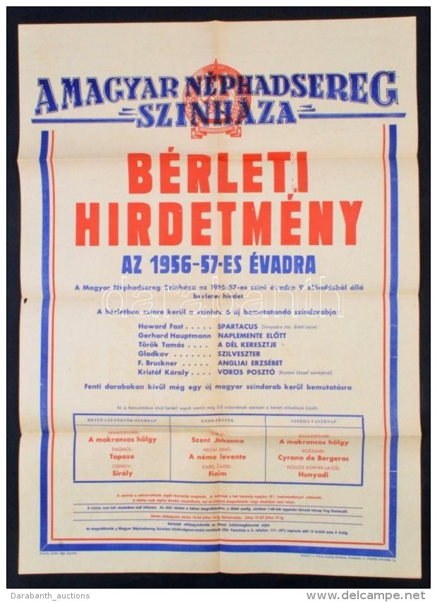 1956 A Magyar Néphadsereg Színházának Bérleti Hirdetménye Az 1956-1957-es... - Zonder Classificatie