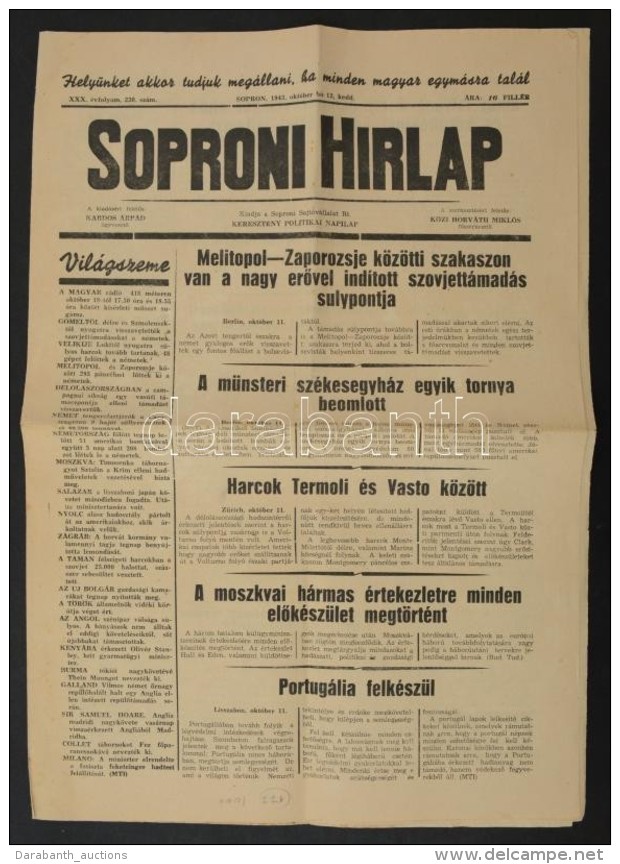 1943 A Soproni Hírlap - Keresztény Politikai Napilap XXX. évfolyamának 230.... - Ohne Zuordnung