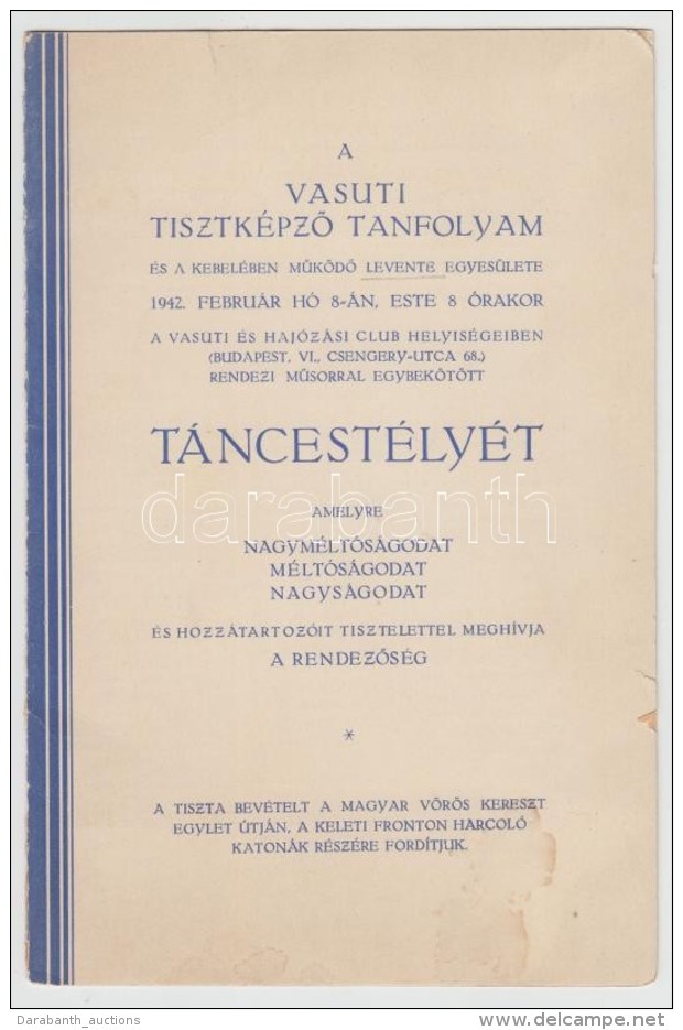 1942 Meghívó A Vasúti TisztképzÅ‘ Tanfolyam és Levente Egyesület ... - Non Classés