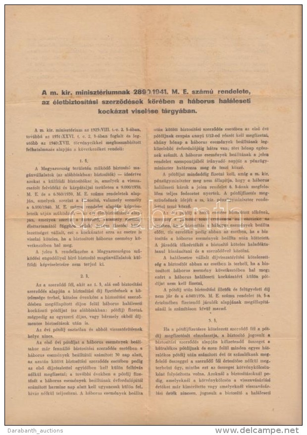 1941 Miniszterelnöki Rendelet (2890/1941. M. E. Sz.) Az életbiztosítási... - Non Classés