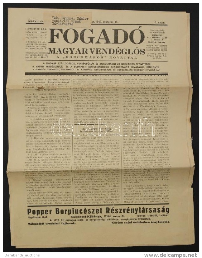 1940 A Fogadó, Magyar VendéglÅ‘s, Korcsmáros Rovattal XXXVII. évfolyam 6. Szám - Sin Clasificación