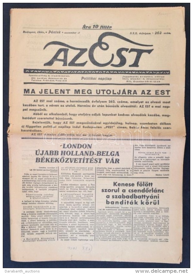 1939 Az Est CímÅ± Politikai Napilap XXX. évfolyamának 262. Száma,... - Zonder Classificatie