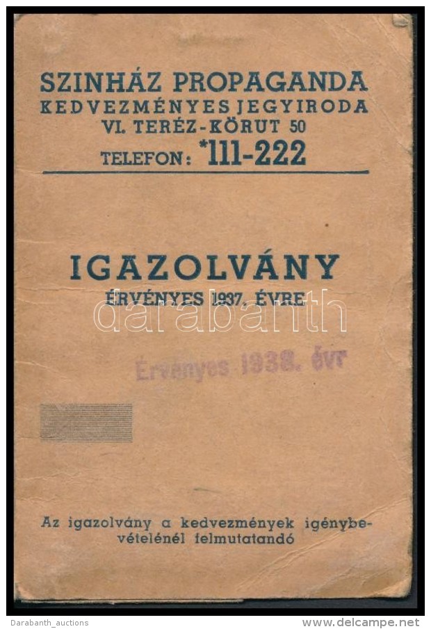 1938 Színházi Propaganda Igazolvány, Arcképes, Hiányos, 11x7cm - Non Classés