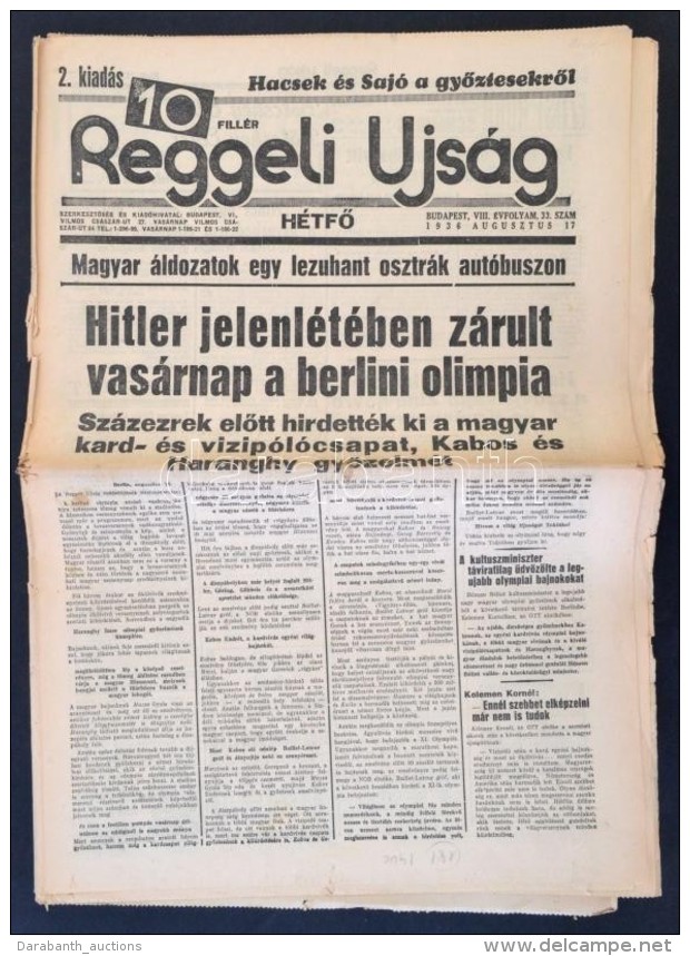 1936 A Reggeli Újság VIII. évfolyamának 33. Száma, Címlapon A Berlini... - Zonder Classificatie