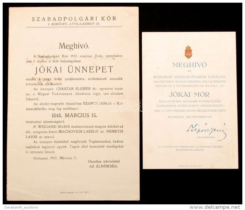 1925 Meghívó Budapest SzékesfÅ‘város Jókai ünnepélyére,... - Non Classés