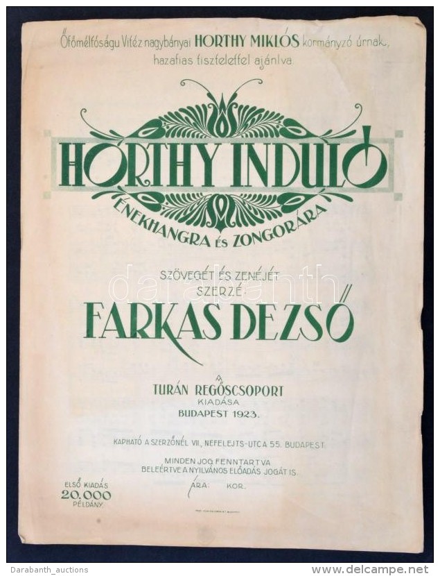 1923 Fakras DezsÅ‘: Horthy-induló énekhangra és Zongorára. Bp., Turán... - Unclassified