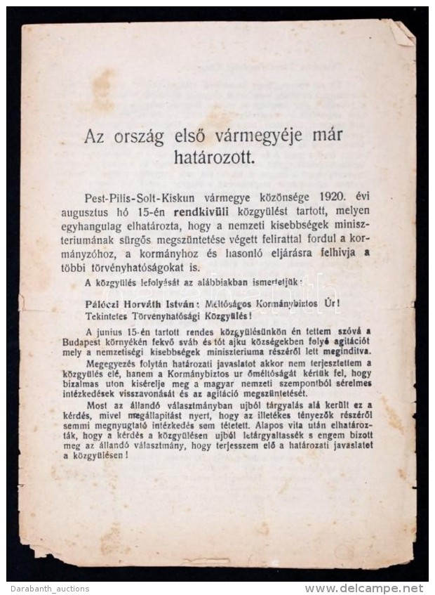 1920 'Az Ország ElsÅ‘ Vármegyéje Már Határozott.' C. Röplap.... - Zonder Classificatie